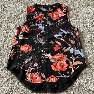 Who what wear top XS floral butterfly print black orange light blue tank euc